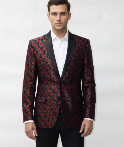 Men’s Luxury Jacquard Pattern Tuxedo Blazer – Red & Black Statement Jacket
