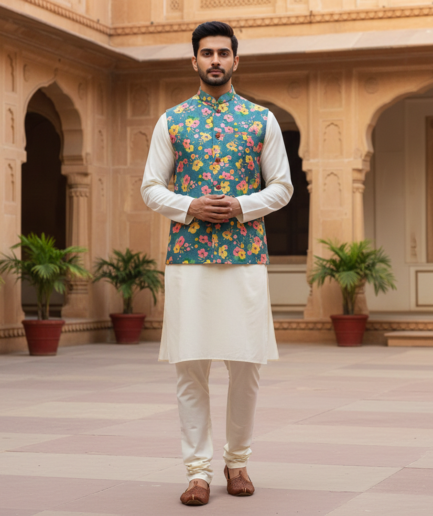 Men’s Teal Floral Printed Nehru Jacket with Ivory Kurta Pajama – Festive & Wedding Wear