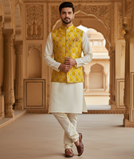 Men’s Yellow Jacquard Nehru Jacket with Ivory Kurta Pajama – Festive & Wedding Wear