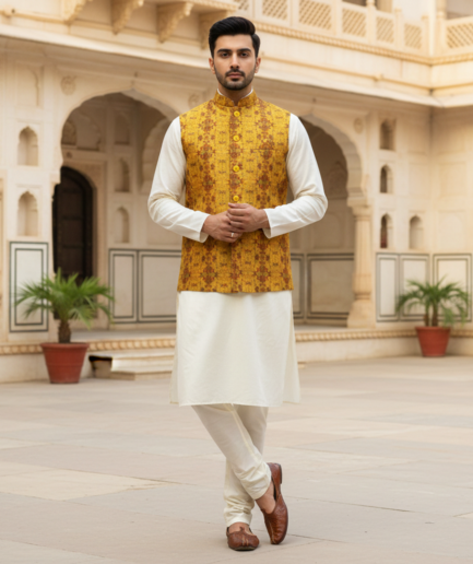 Men’s Mustard Textured Nehru Jacket with Ivory Kurta Pajama – Festive & Wedding Wear