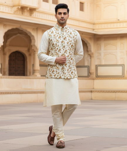 Men’s Ivory Floral Nehru Jacket with Kurta Pajama – Elegant Festive Wear