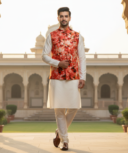 Men’s Red Floral Nehru Jacket with Ivory Kurta Pajama – Festive Wedding Ethnic Wear