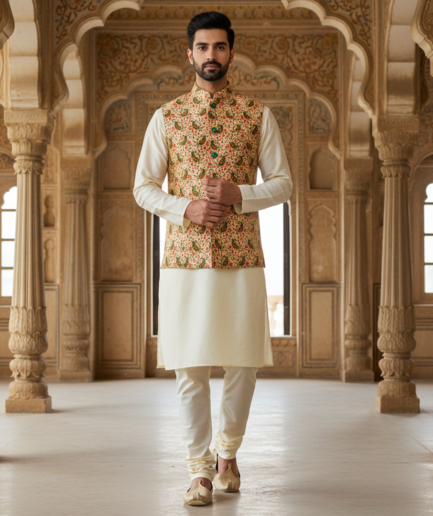 Men’s Floral Nehru Jacket with Ivory Kurta Pajama – Elegant Festive & Wedding Wear