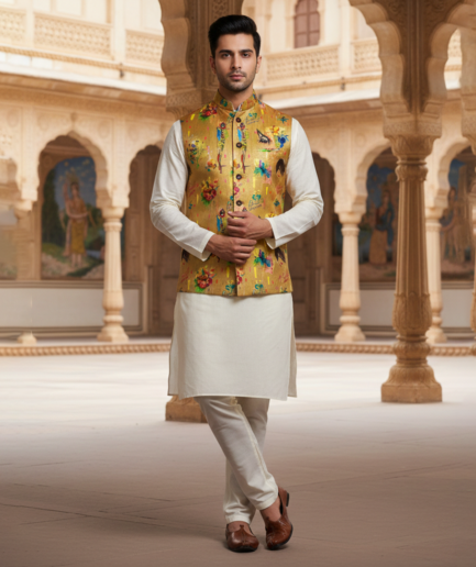 Men’s Mustard Printed Nehru Jacket with Ivory Kurta Pajama – Contemporary Festive Wear