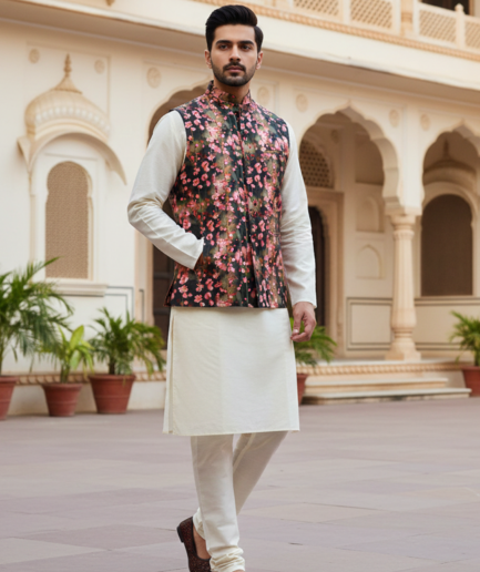 Men’s Black Floral Printed Nehru Jacket with Ivory Kurta Pajama – Elegant Festive Ensemble