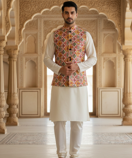 Men’s Multicolor Heritage Print Nehru Jacket with Ivory Kurta Pajama – Festive Ethnic Wear