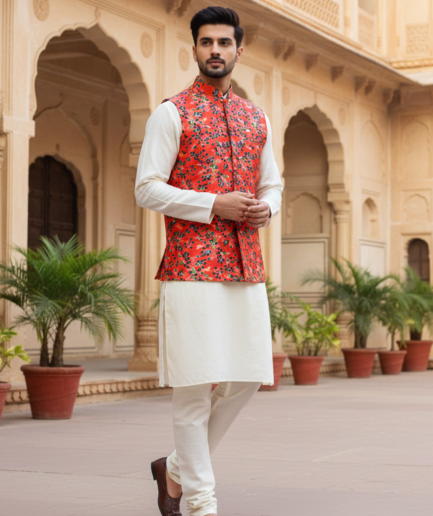 Men’s Red Floral Print Nehru Jacket with Ivory Kurta Pajama – Festive & Wedding Wear