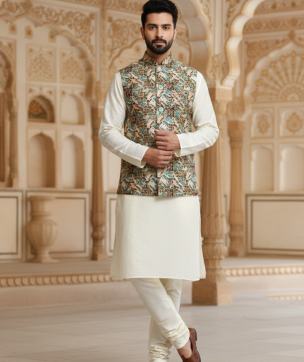 Men’s Multicolor Heritage Print Nehru Jacket with Ivory Kurta Pajama – Festive Elegance