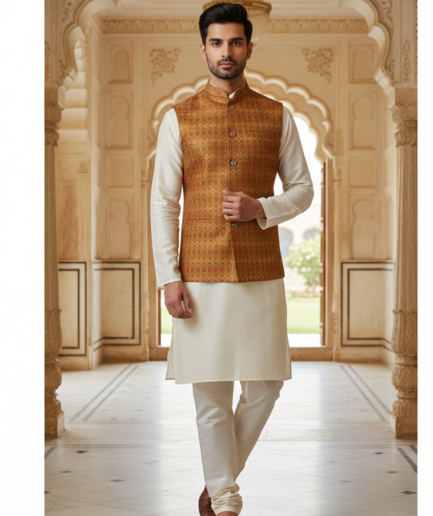 Men’s Rust & Gold Patterned Nehru Jacket with Ivory Kurta Pajama – Classic Festive Wear