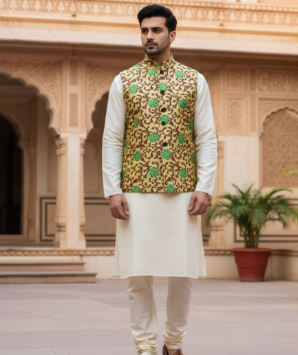 Men’s Mustard & Green Floral Nehru Jacket with Ivory Kurta Pajama – Festive Ethnic Ensemble