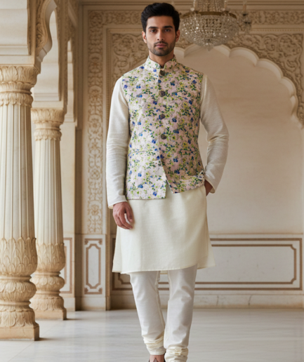 Men’s Pastel Floral Nehru Jacket with Ivory Kurta Pajama – Elegant Festive Wear Set