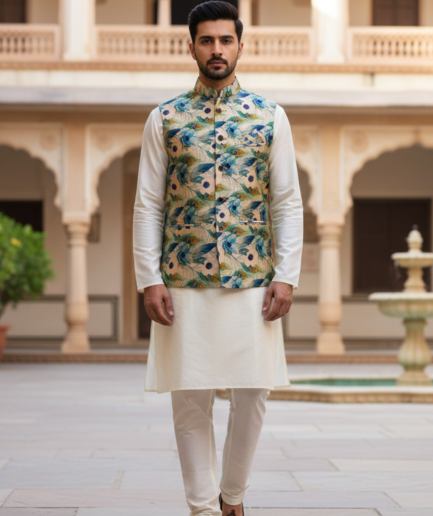 Men’s Teal Botanical Print Nehru Jacket with Ivory Kurta Pajama – Contemporary Festive Ensemble