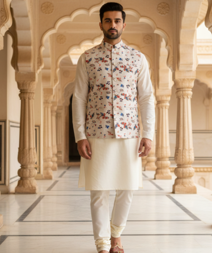 Men’s Ivory Floral Print Nehru Jacket with Classic Kurta Pajama – Elegant Festive Wear