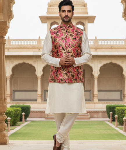 Men’s Pink Floral Nehru Jacket with Ivory Kurta Pajama – Luxury Festive Ensemble