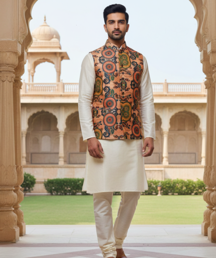Men’s Rust Orange Printed Nehru Jacket with Ivory Kurta Pajama – Festive Ethnic Ensemble