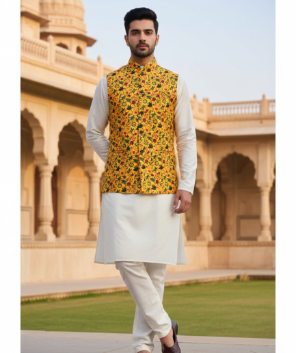 Men’s Mustard Yellow Printed Nehru Jacket with Ivory Kurta Pajama – Festive Ethnic Wear