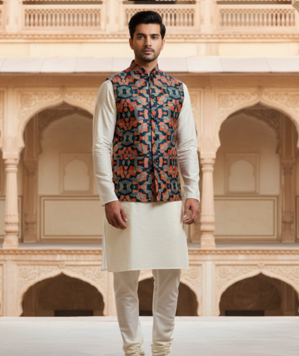 Men’s Navy Blue Geometric Printed Nehru Jacket with Ivory Kurta Pajama – Contemporary Ethnic Wear