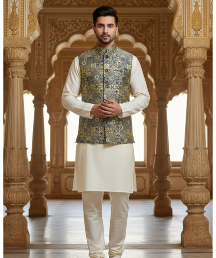 Men’s Olive Green & Gold Jacquard Nehru Jacket with Ivory Kurta Pajama – Regal Festive Wear