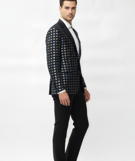 Men’s Luxury Polka Jacquard Tuxedo Blazer – Black & Gold Evening Jacket