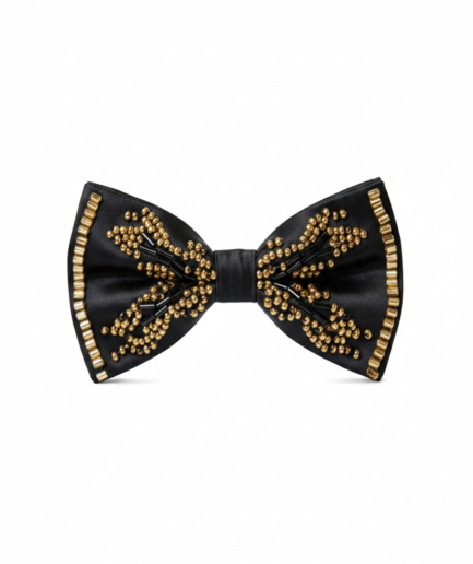 Black Satin Bow Tie with Gold Beaded Embellishments – Luxe Formal Accessory
