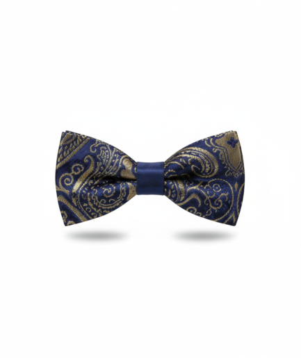 Elegant Navy & Gold Paisley Silk Bow Tie – Classic Formal Accessory