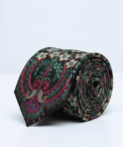 Luxury Handcrafted Silk Tie with Ornate Floral Motif – Black