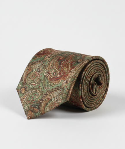 Elegant Green Silk Necktie with Golden & Red Detailing