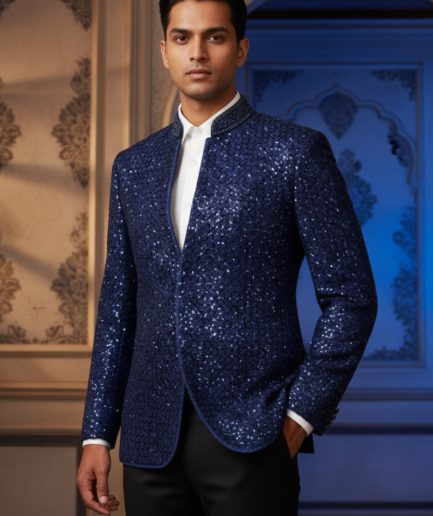 Midnight Navy Sequin Enchantment Blazer – Luxury Hand-Beaded Mandarin Collar Tuxedo