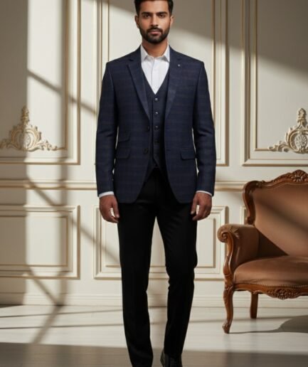 Men’s Navy Blue Micro-Check Tailored Blazer