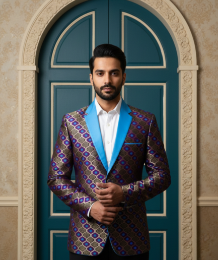 Man in Luxury Purple and Blue Patterned Brocade Blazer with Teal Lapels