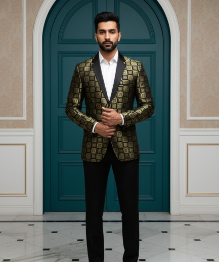 Men's Designer Gold and Black Geometric Brocade Blazer – Luxury Slim-Fit Party Wear Dinner Jacket with Satin Peak Lapel