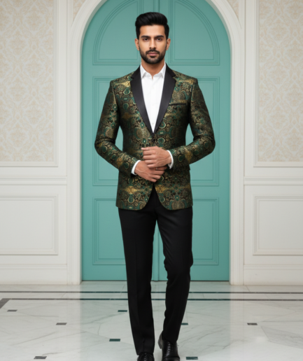 Men's Emerald Green & Gold Floral Jacquard Tuxedo Blazer – Premium Slim Fit Party Wear Dinner Jacket