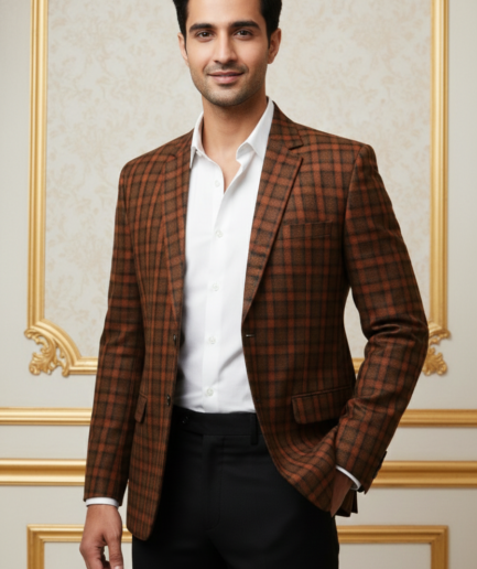 Men’s Premium Rust Orange & Black Checkered Blazer – Slim-Fit Textured Formal Sport Coat