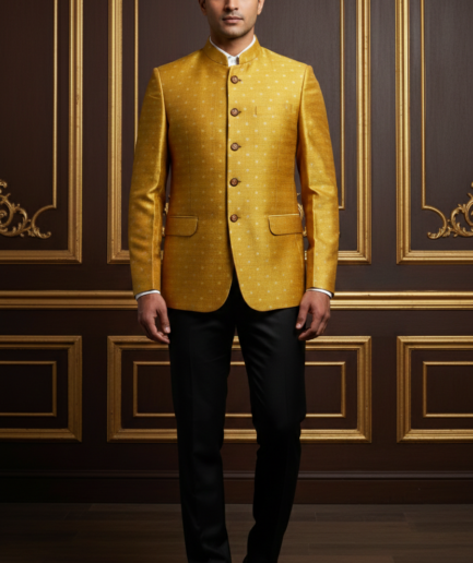 Men's Mustard Yellow Woven Jacquard Bandhgala Blazer – Premium Silk Blend Ethnic Jodhpuri Suit