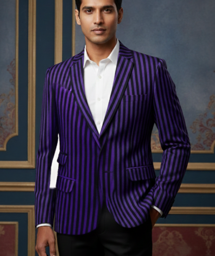 Men’s Royal Purple and Black Vertical Striped Slim-Fit Blazer – Designer Party & Evening Wear Jacket
