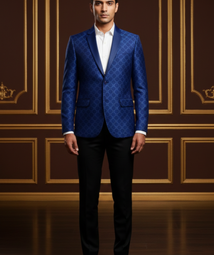 Royal Blue Geometric Jacquard Tuxedo Blazer with Satin Notch Lapels