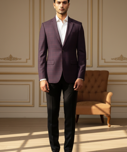 Men's Slim-Fit Plum Windowpane Check Formal Blazer
