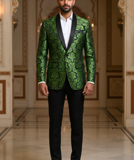 Emerald Green Damask Brocade Tuxedo Jacket