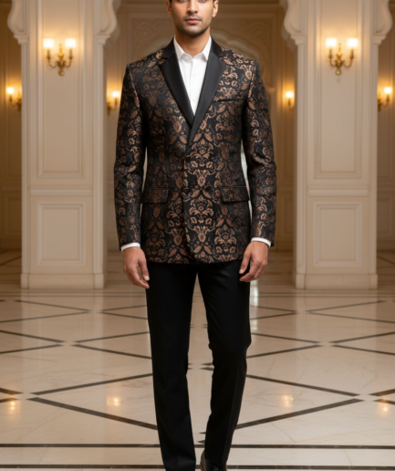 Men's Premium Black & Copper Jacquard Floral Tuxedo Blazer – Slim Fit Evening Party Wear