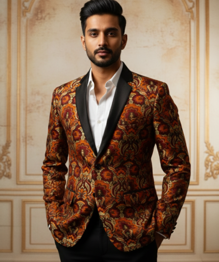 Men’s Burnt Orange Brocade Tuxedo Blazer