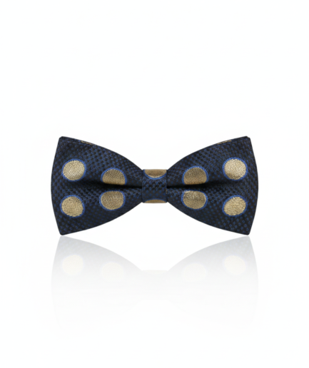 Elegant Blue Silk bow Tie with Golden Circle Pattern – Classic Formal Wear Accessory