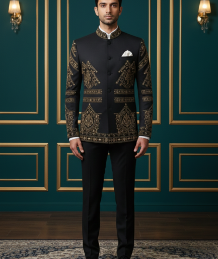 Royal Black Embroidered Jodhpuri Bandhgala Suit – Premium Ethnic Wedding Wear for Men