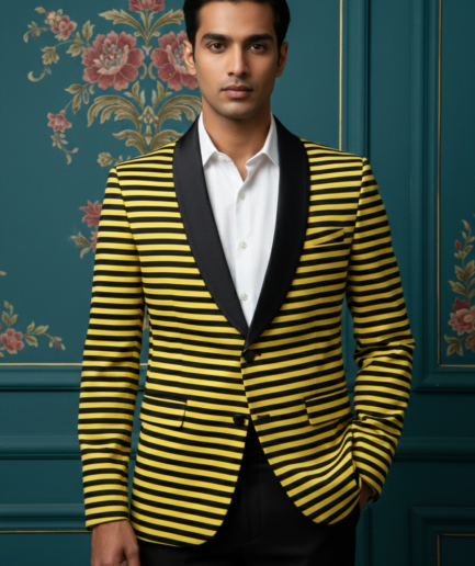 Men’s Slim-Fit Horizontal Striped Blazer with Shawl Lapel – Bold Yellow and Black Statement Jacket