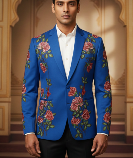 Royal Blue Designer Blazer with Rose Garden Floral Embroidery – Premium Slim Fit Wedding Tuxedo