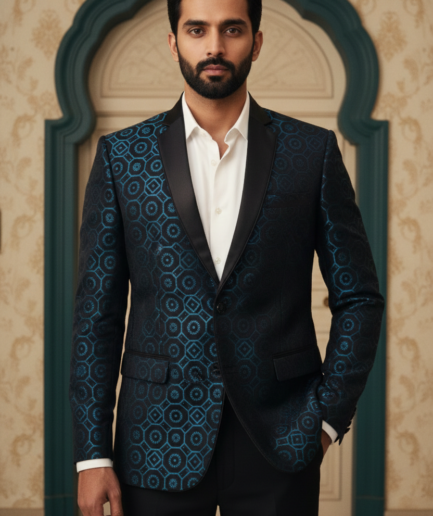 Men’s Designer Teal & Black Geometric Jacquard Tuxedo Blazer – Premium Ethnic Evening Wear