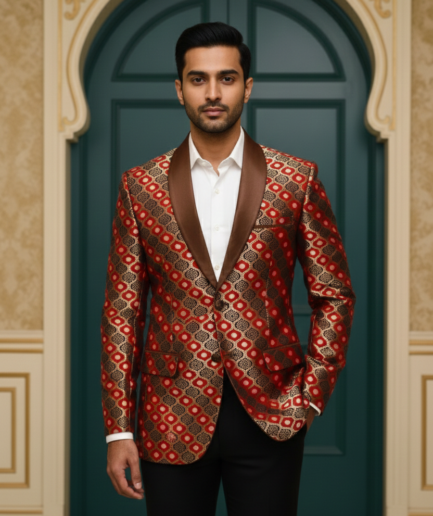 Men's Red and Gold Brocade Tuxedo Blazer – Ethnic Geometric Jacquard Wedding Jacket