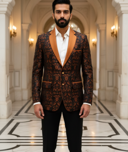 Men’s Premium Rust & Black Damask Jacquard Party Blazer – Slim Fit Tuxedo with Satin Shawl Lapel