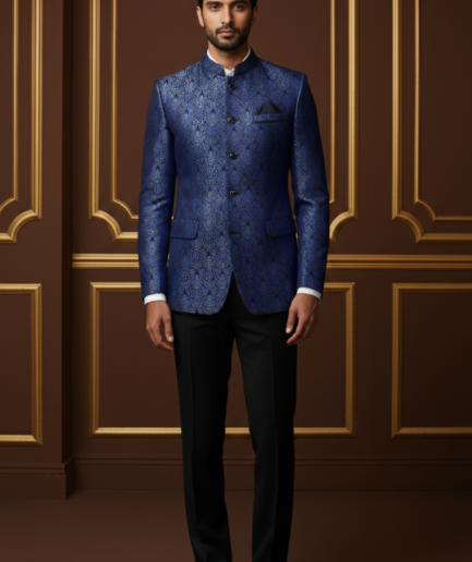 Royal Blue Brocade Bandhgala Jodhpuri Blazer