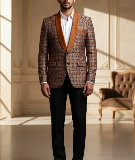 Men’s Rust & Gold Geometric Jacquard Tuxedo Blazer with Copper Satin Shawl Lapel