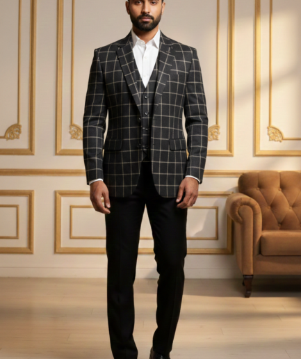 Men's Charcoal Grey Windowpane Check Slim-Fit Blazer